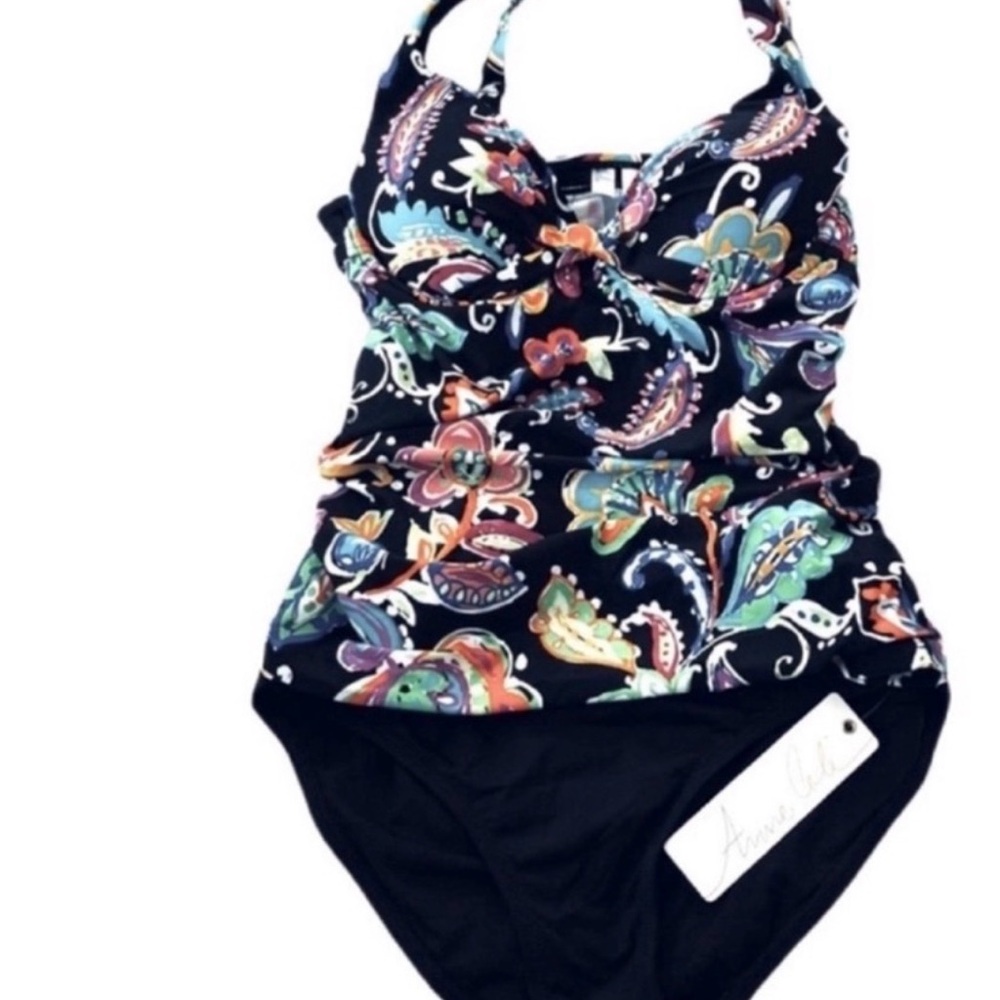 NEW Anne Cole Two Piece Tankini Swimsuit Floral Solid Bottoms Black Multi Size S